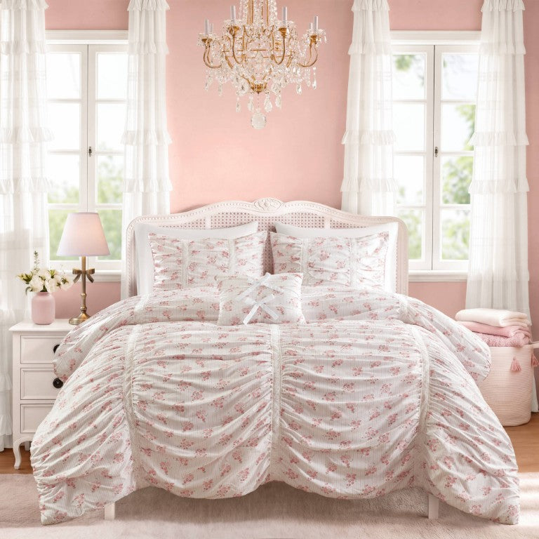 English Elm 3 Piece Twin Comforter Set Ruched Microfiber Floral Shabby Chic Lace Trim Bedding Pink B035P600765