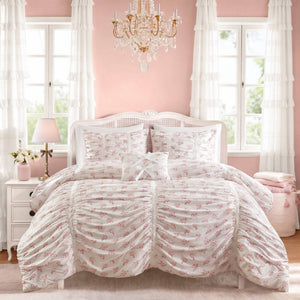 English Elm 3 Piece Twin Comforter Set Ruched Microfiber Floral Shabby Chic Lace Trim Bedding Pink B035P600765