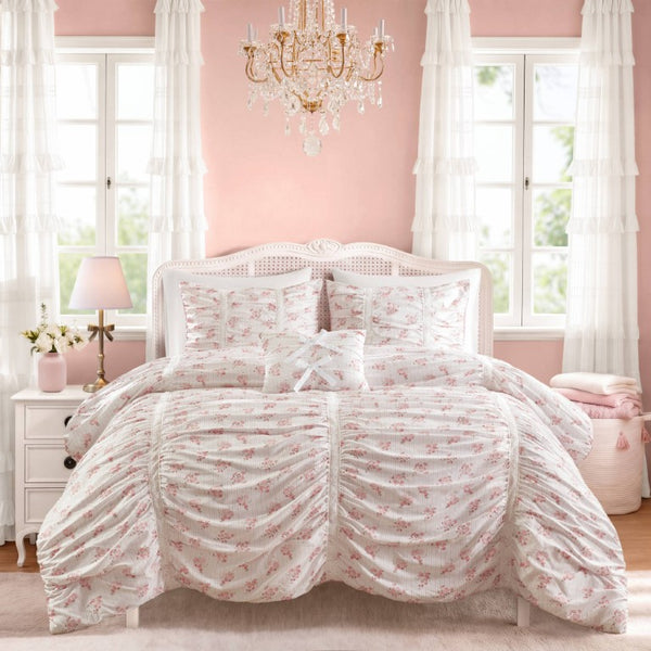 English Elm 3 Piece Twin Comforter Set Ruched Microfiber Floral Shabby Chic Lace Trim Bedding Pink B035P600765