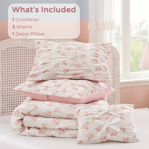 English Elm 3 Piece Twin Comforter Set Ruched Microfiber Floral Shabby Chic Lace Trim Bedding Pink B035P600765