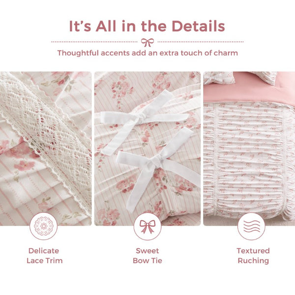 English Elm 3 Piece Twin Comforter Set Ruched Microfiber Floral Shabby Chic Lace Trim Bedding Pink B035P600765