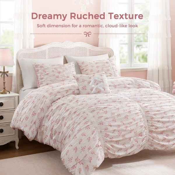 English Elm 3 Piece Twin Comforter Set Ruched Microfiber Floral Shabby Chic Lace Trim Bedding Pink B035P600765