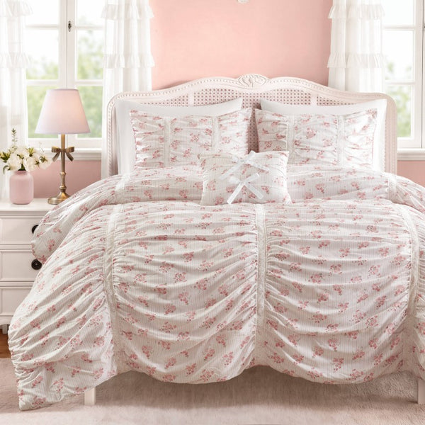 English Elm 3 Piece Twin Comforter Set Ruched Microfiber Floral Shabby Chic Lace Trim Bedding Pink B035P600765