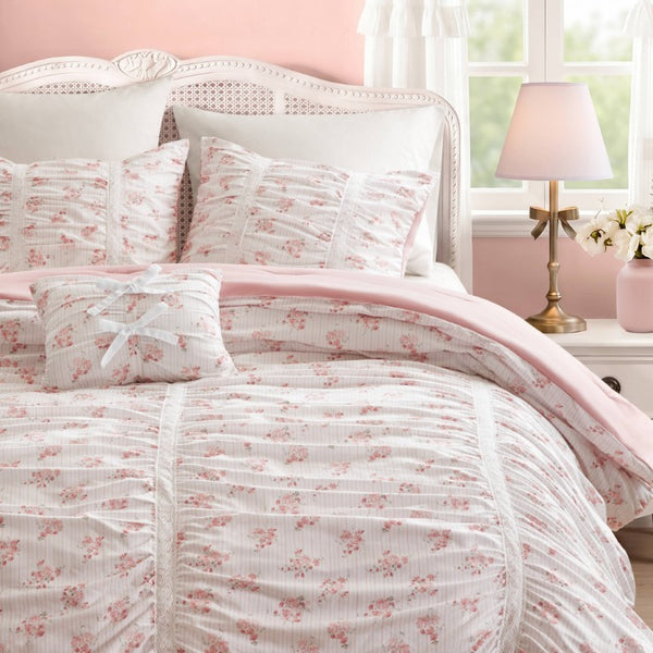 English Elm 3 Piece Twin Comforter Set Ruched Microfiber Floral Shabby Chic Lace Trim Bedding Pink B035P600765