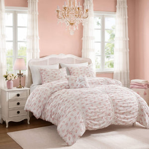 English Elm 3 Piece Twin Comforter Set Ruched Microfiber Floral Shabby Chic Lace Trim Bedding Pink B035P600765