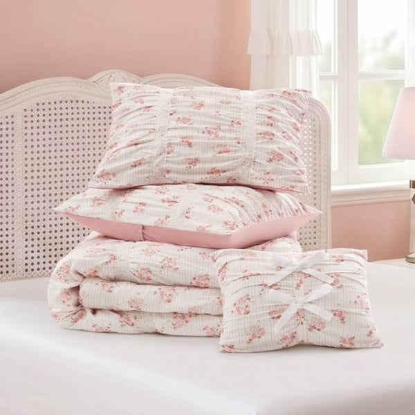 English Elm 3 Piece Twin Comforter Set Ruched Microfiber Floral Shabby Chic Lace Trim Bedding Pink B035P600765