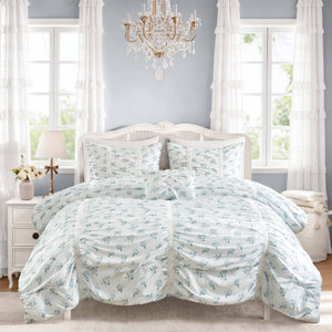 English Elm 3 Piece Twin Comforter Set Ruched Microfiber Floral Shabby Chic Lace Trim Bedding Blue B035P600767