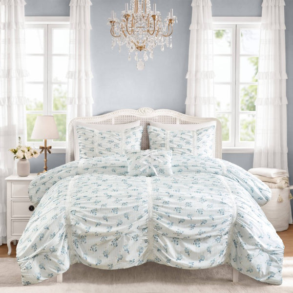 English Elm 3 Piece Twin Comforter Set Ruched Microfiber Floral Shabby Chic Lace Trim Bedding Blue B035P600767