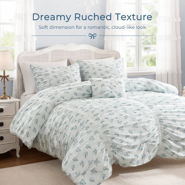 English Elm 3 Piece Twin Comforter Set Ruched Microfiber Floral Shabby Chic Lace Trim Bedding Blue B035P600767