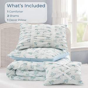 English Elm 3 Piece Twin Comforter Set Ruched Microfiber Floral Shabby Chic Lace Trim Bedding Blue B035P600767