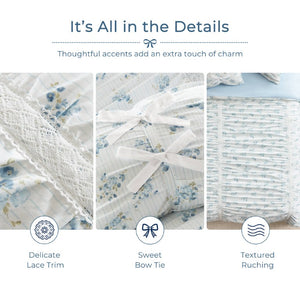 English Elm 3 Piece Twin Comforter Set Ruched Microfiber Floral Shabby Chic Lace Trim Bedding Blue B035P600767