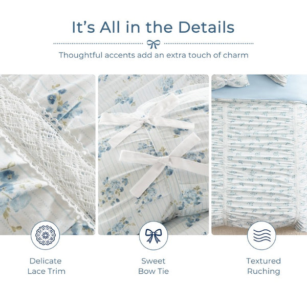 English Elm 3 Piece Twin Comforter Set Ruched Microfiber Floral Shabby Chic Lace Trim Bedding Blue B035P600767