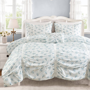 English Elm 3 Piece Twin Comforter Set Ruched Microfiber Floral Shabby Chic Lace Trim Bedding Blue B035P600767