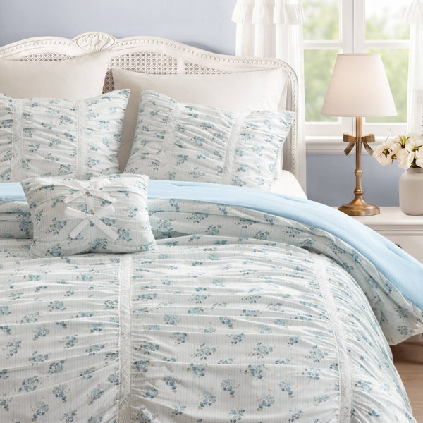 English Elm 3 Piece Twin Comforter Set Ruched Microfiber Floral Shabby Chic Lace Trim Bedding Blue B035P600767