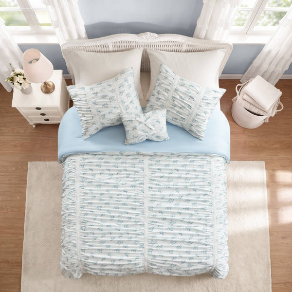 English Elm 3 Piece Twin Comforter Set Ruched Microfiber Floral Shabby Chic Lace Trim Bedding Blue B035P600767