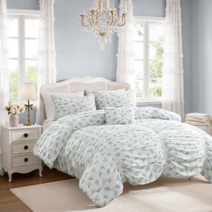 English Elm 3 Piece Twin Comforter Set Ruched Microfiber Floral Shabby Chic Lace Trim Bedding Blue B035P600767