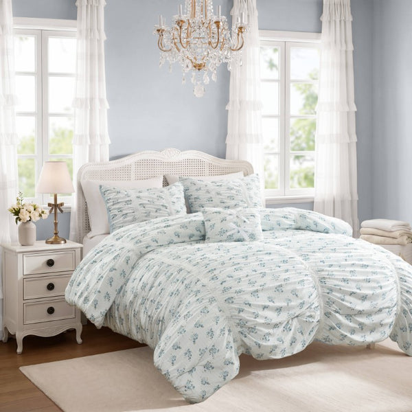 English Elm 3 Piece Twin Comforter Set Ruched Microfiber Floral Shabby Chic Lace Trim Bedding Blue B035P600767