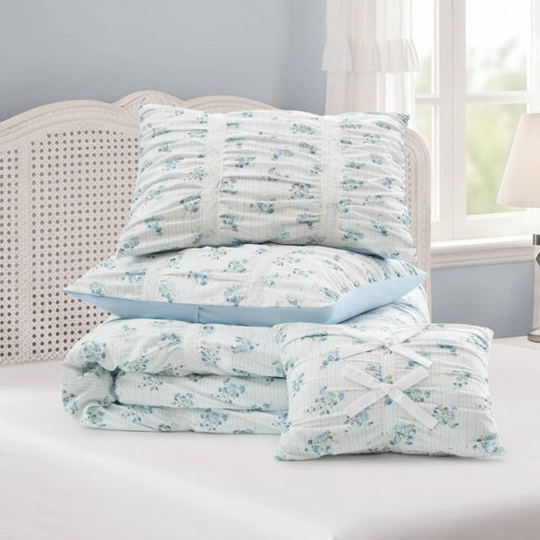English Elm 3 Piece Twin Comforter Set Ruched Microfiber Floral Shabby Chic Lace Trim Bedding Blue B035P600767