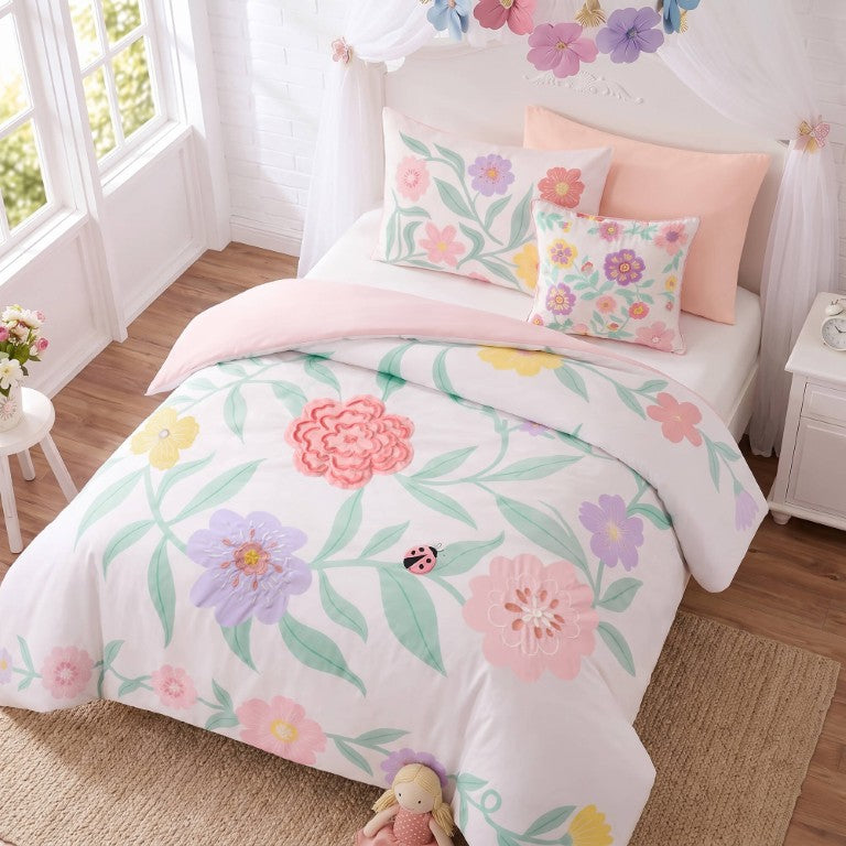 English Elm 4 Piece Girls Floral Comforter Set with Applique Blooms Fringe Trim and Embroidery Multicolor Pink - A B035P600777