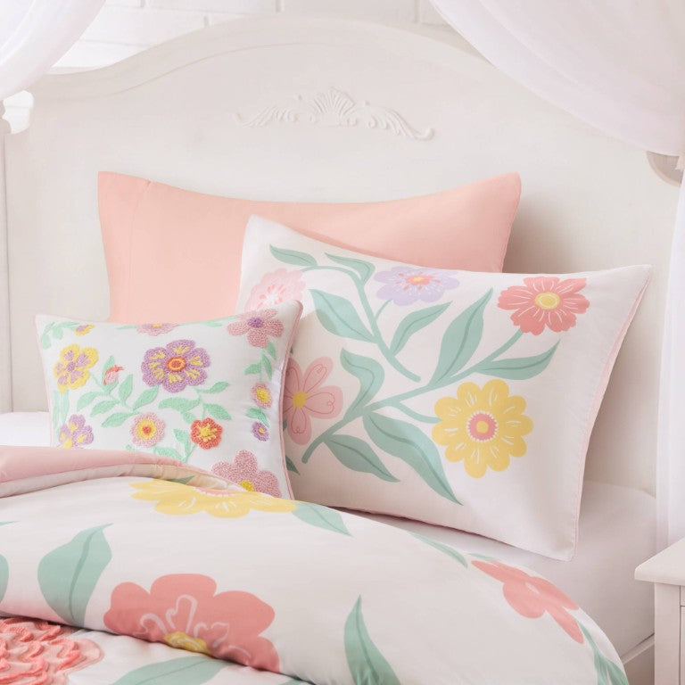 English Elm 4 Piece Girls Floral Comforter Set with Applique Blooms Fringe Trim and Embroidery Multicolor Pink - A B035P600777