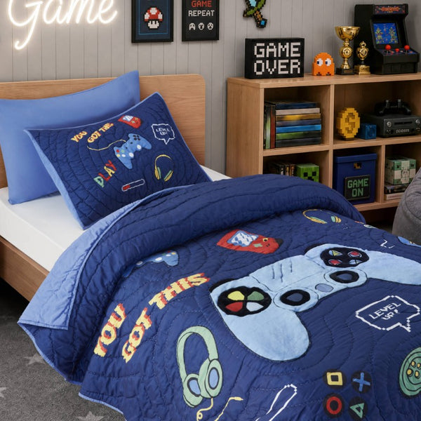 English Elm 3 Piece Gaming Quilt Set Navy Microfiber with Applique and Hand Quilted Stitching Navy Multi B035P600783