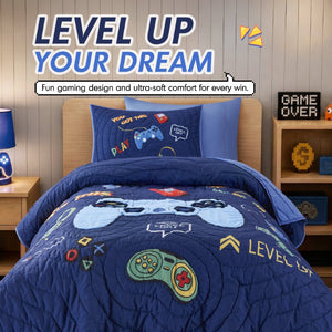 English Elm 3 Piece Gaming Quilt Set Navy Microfiber with Applique and Hand Quilted Stitching Navy Multi B035P600783