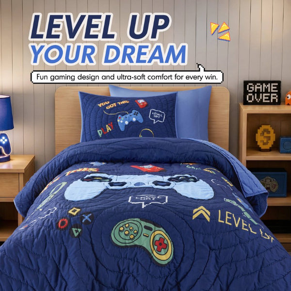English Elm 3 Piece Gaming Quilt Set Navy Microfiber with Applique and Hand Quilted Stitching Navy Multi B035P600783