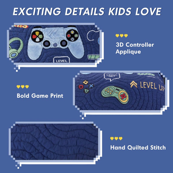 English Elm 3 Piece Gaming Quilt Set Navy Microfiber with Applique and Hand Quilted Stitching Navy Multi B035P600783