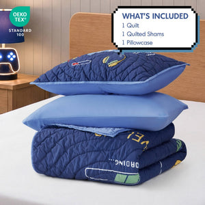 English Elm 3 Piece Gaming Quilt Set Navy Microfiber with Applique and Hand Quilted Stitching Navy Multi B035P600783