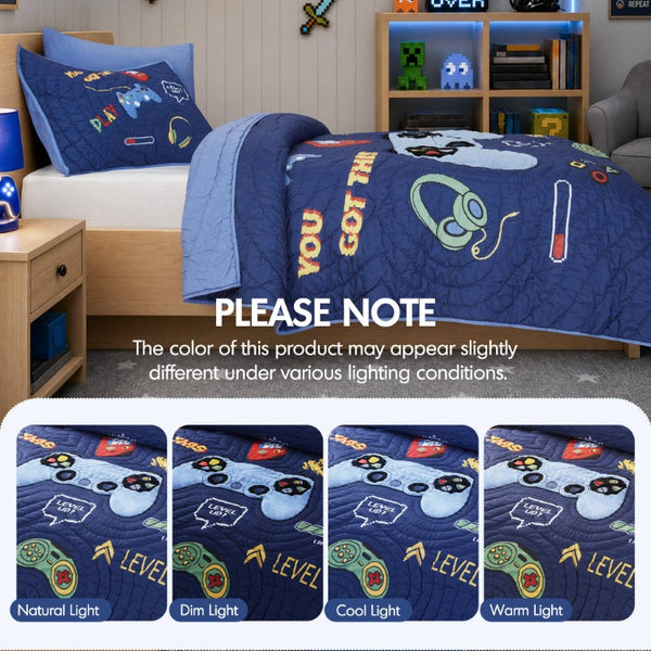 English Elm 3 Piece Gaming Quilt Set Navy Microfiber with Applique and Hand Quilted Stitching Navy Multi B035P600783