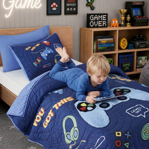 English Elm 3 Piece Gaming Quilt Set Navy Microfiber with Applique and Hand Quilted Stitching Navy Multi B035P600783