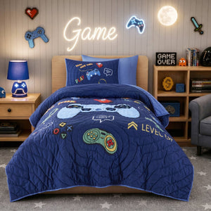 English Elm 3 Piece Gaming Quilt Set Navy Microfiber with Applique and Hand Quilted Stitching Navy Multi B035P600783