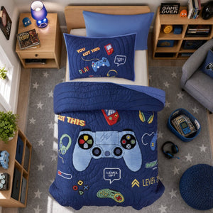 English Elm 3 Piece Gaming Quilt Set Navy Microfiber with Applique and Hand Quilted Stitching Navy Multi B035P600783