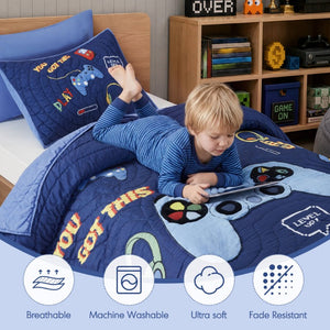 English Elm 3 Piece Gaming Quilt Set Navy Microfiber with Applique and Hand Quilted Stitching Navy Multi B035P600783