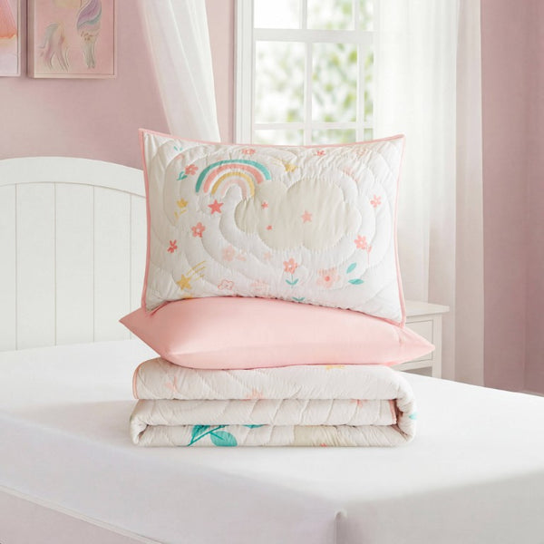 English Elm 3 Piece Gaming Quilt Set Navy Microfiber with Applique and Hand Quilted Stitching Multicolor Pink B035P600785