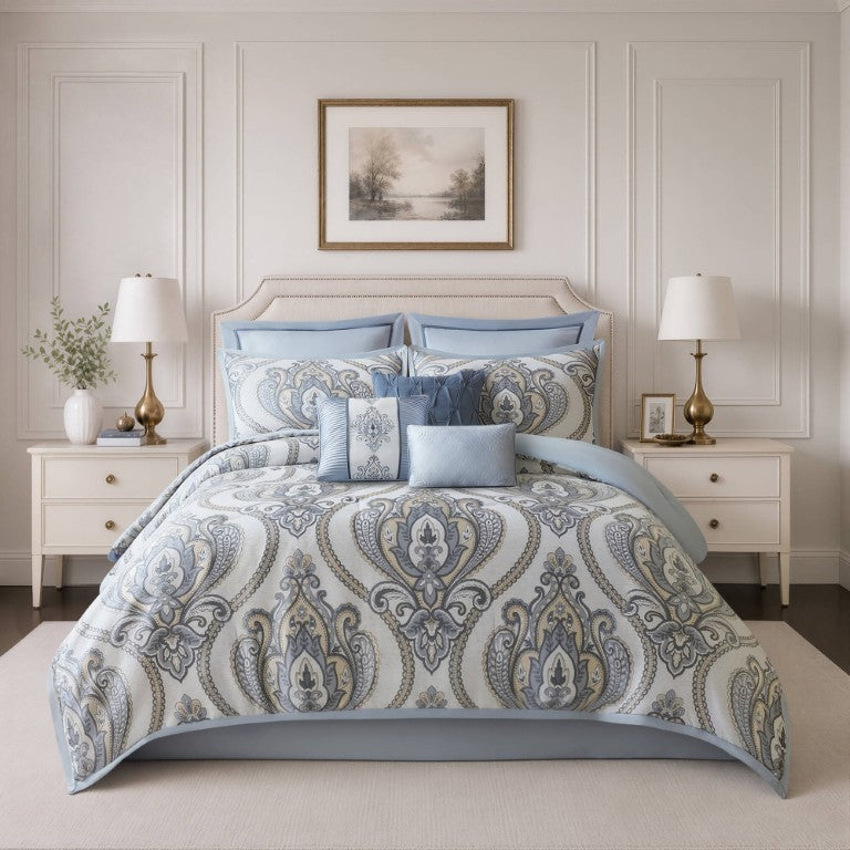 English Elm 9 Piece Jacquard Chenille Comforter Set Damask Medallion Design for Full Queen Beds B035P600787