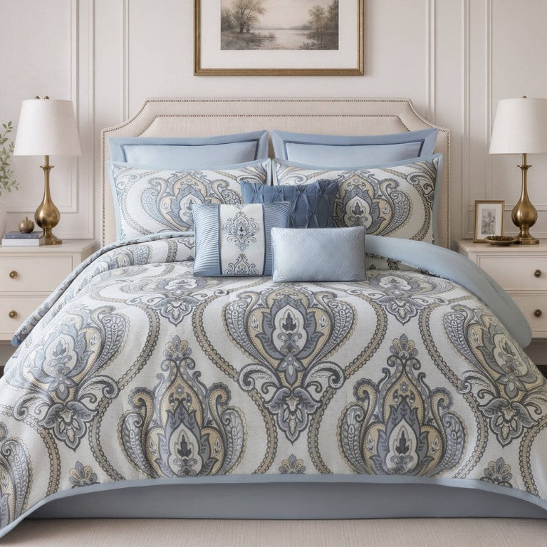 English Elm 9 Piece Jacquard Chenille Comforter Set Damask Medallion Design for Full Queen Beds B035P600787