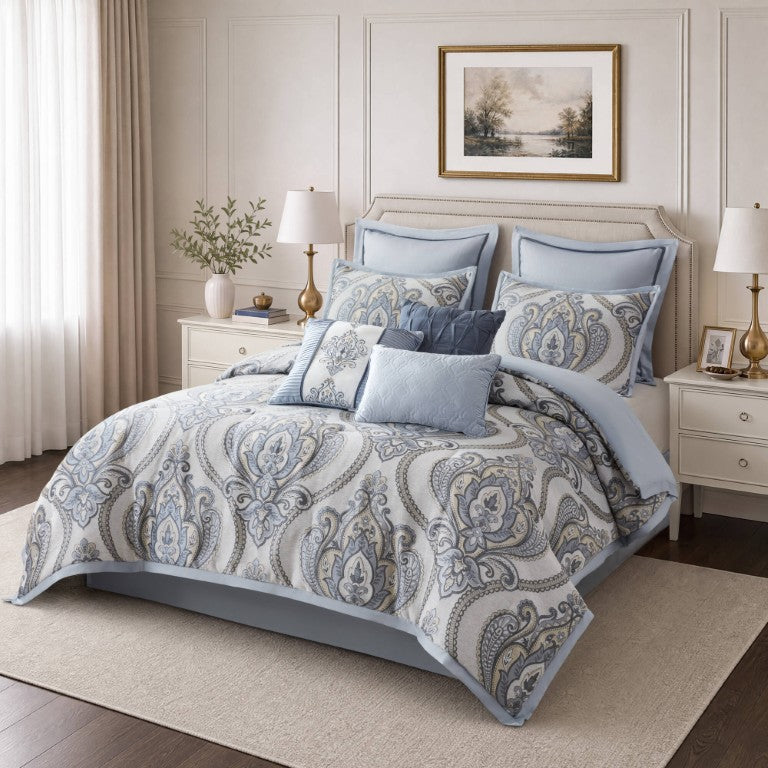 English Elm 9 Piece King Chenille Jacquard Comforter Set Damask Medallion Soft Blue Bedding B035P600788