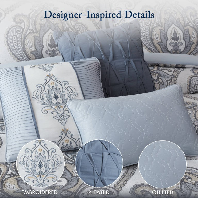 English Elm 9 Piece King Chenille Jacquard Comforter Set Damask Medallion Soft Blue Bedding B035P600788