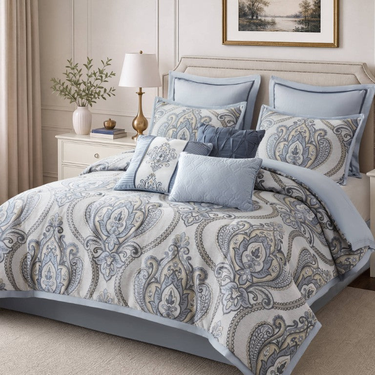 English Elm 9 Piece Cal King Jacquard Chenille Comforter Set with Damask Medallion Blue Bedding B035P600789