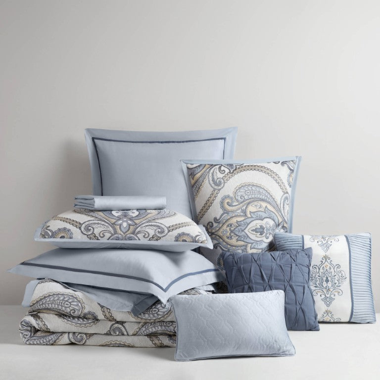 English Elm 9 Piece Cal King Jacquard Chenille Comforter Set with Damask Medallion Blue Bedding B035P600789
