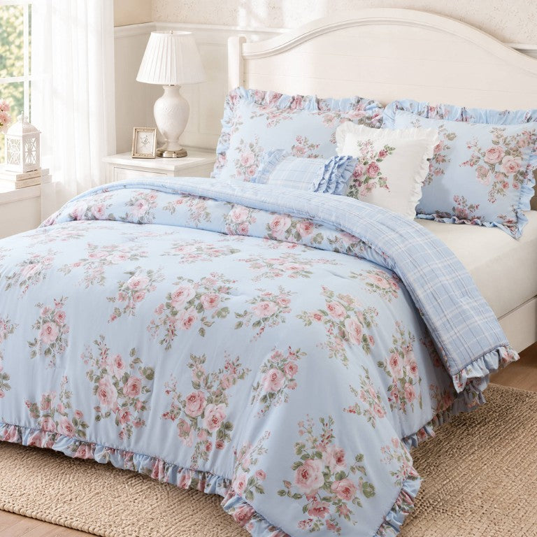 English Elm 5 Piece Cottage Floral Microfiber Comforter Set with Ruffle Trim and Plaid Reverse Blue Multi B035P600791
