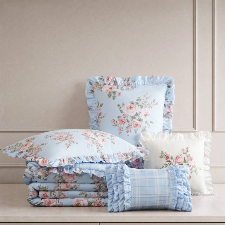 English Elm 5 Piece Cottage Floral Microfiber Comforter Set with Ruffle Trim and Plaid Reverse Blue Multi B035P600791
