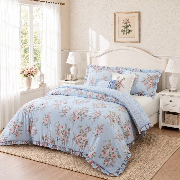 English Elm 5 Piece King Comforter Set Vintage Floral Microfiber Ruffle Trim Cottage Bedroom Blue Multi B035P600792