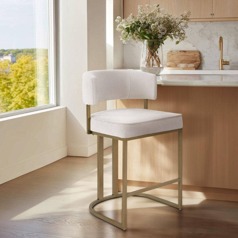 English Elm One Size Upholstered Counter Stool with Antique Gold Base for Kitchen Islands Ivory B035P600799