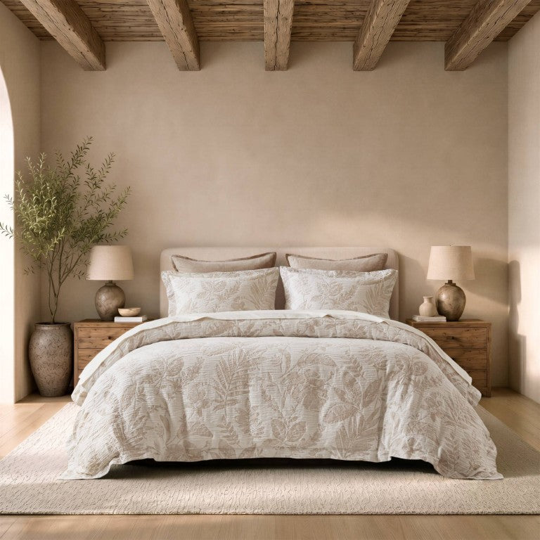 English Elm 3 Piece King Cotton Jacquard Botanical Duvet Set with Linen Texture and Sham Pair B035P600801