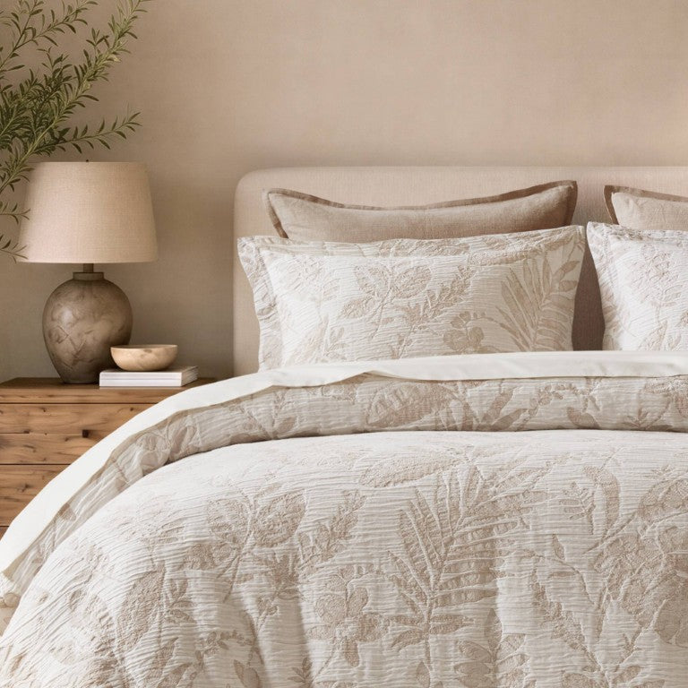 English Elm 3 Piece King Cotton Jacquard Botanical Duvet Set with Linen Texture and Sham Pair B035P600801