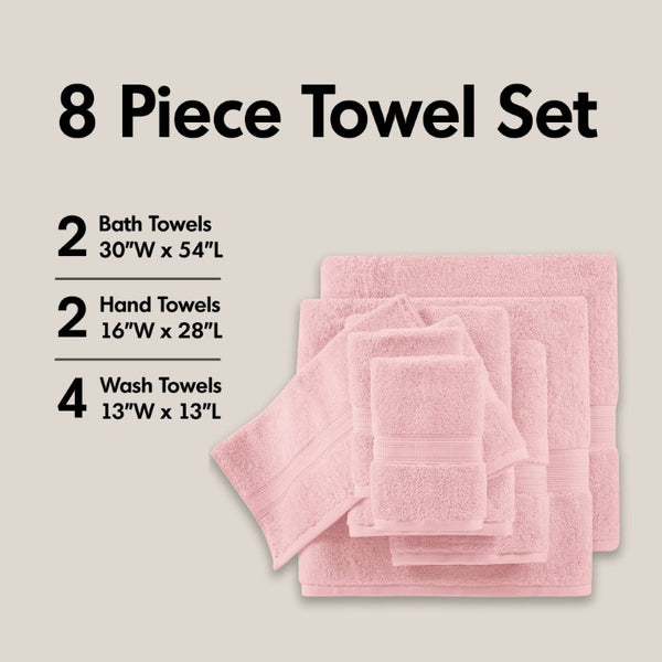 English Elm 8-Piece 800 GSM Long-Staple Cotton Towel Set Plush Absorbent Antimicrobial Bath Linen Pink B035P600836