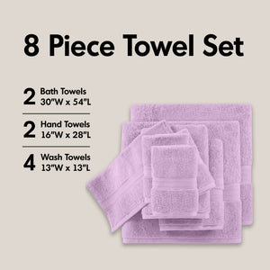 English Elm 8-Piece 800 GSM Long-Staple Cotton Towel Set Plush Absorbent Antimicrobial Bath Linen Lilac B035P600837