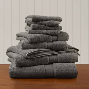 English Elm 8-Piece 800 GSM Long-Staple Cotton Towel Set Plush Absorbent Antimicrobial Bath Linen Charcoal B035P600838